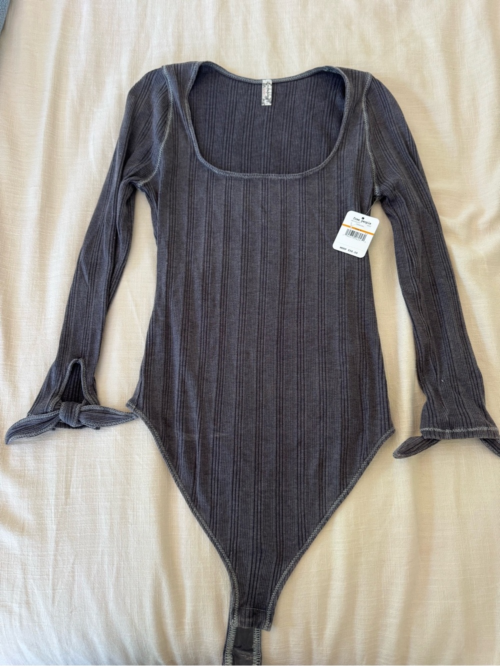 Free People Ribbed Long-Sleeve Scoop Neck Bodysuit - Charcoal